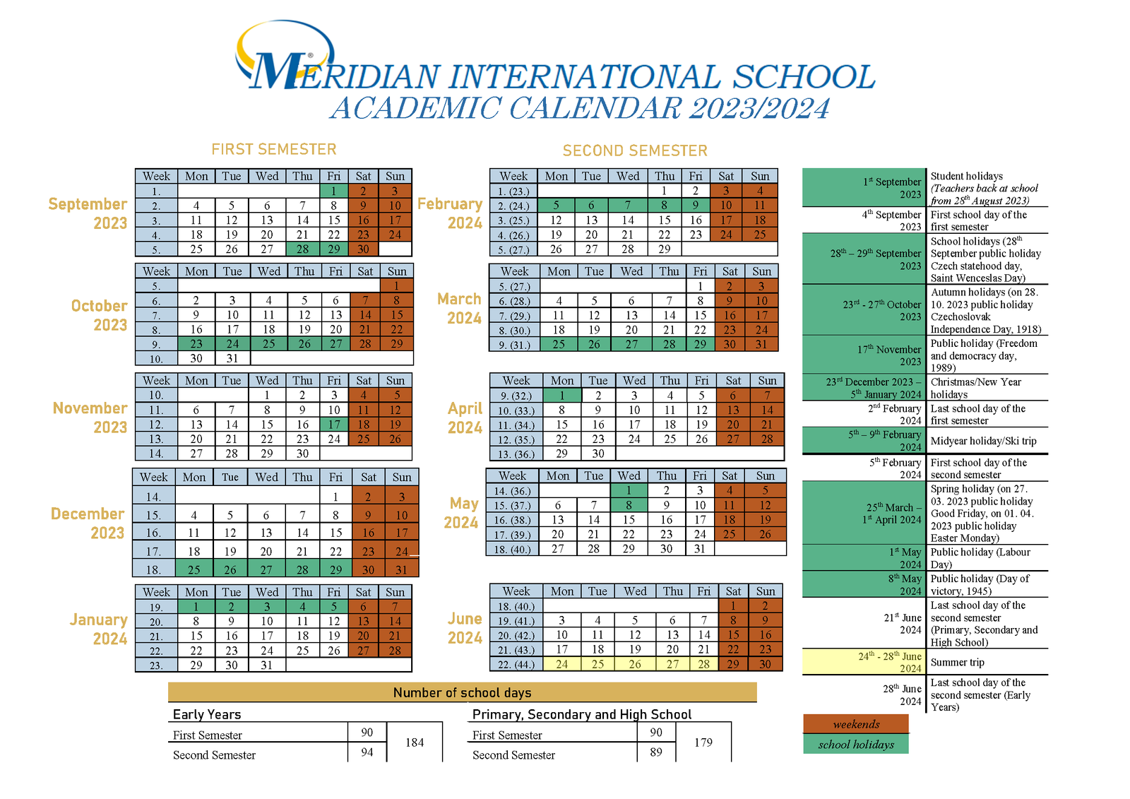 Academic Calendar Meridian International School